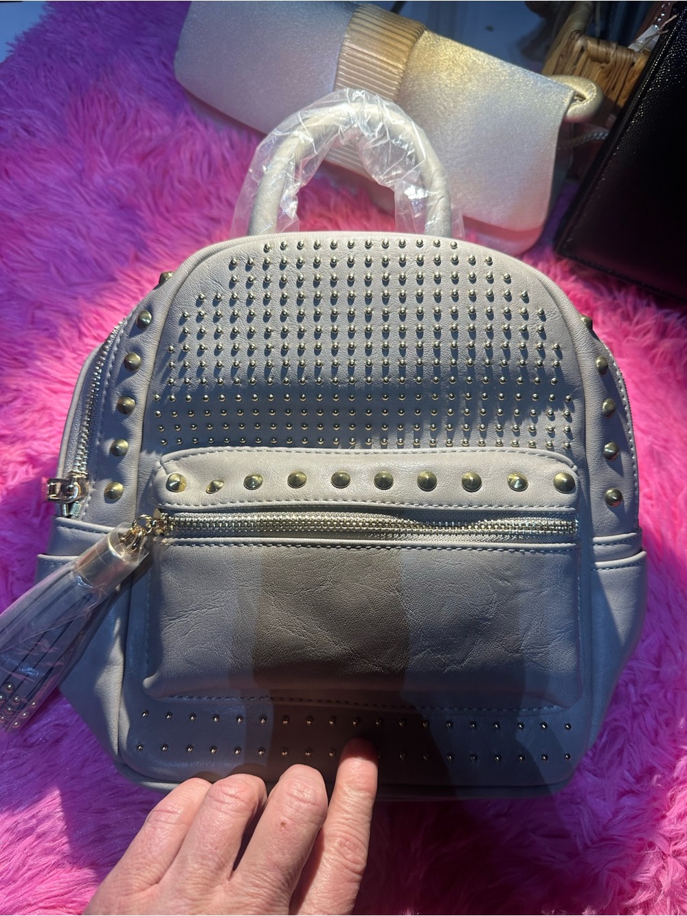 Studded Mini Backpack — Light Gray Faux Leather